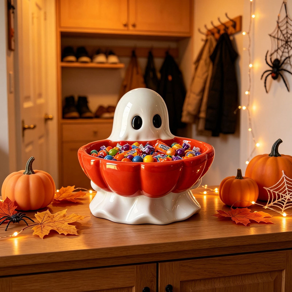 Diceymbol Halloween Pumpkin Snack Bowl Stand Collapsible Broomstick Candy Tray for Cupcakes & Desserts, Resin Serving Platter with Ceramic Pumpkin Bowls