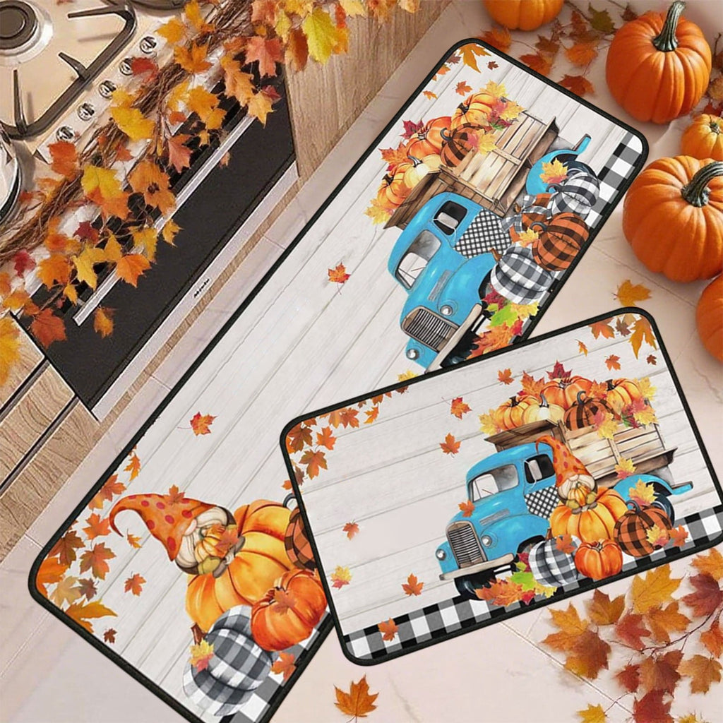 RBCKVXZ 2 Pieces Fall Kitchen Rugs Halloween Thanksgiving Pumpkin Sunflower Orange Maple Leaf Mat Floor Rug for Holiday Autumn Home Decor, 17 x 29 Inches, 17 x 47 Inches