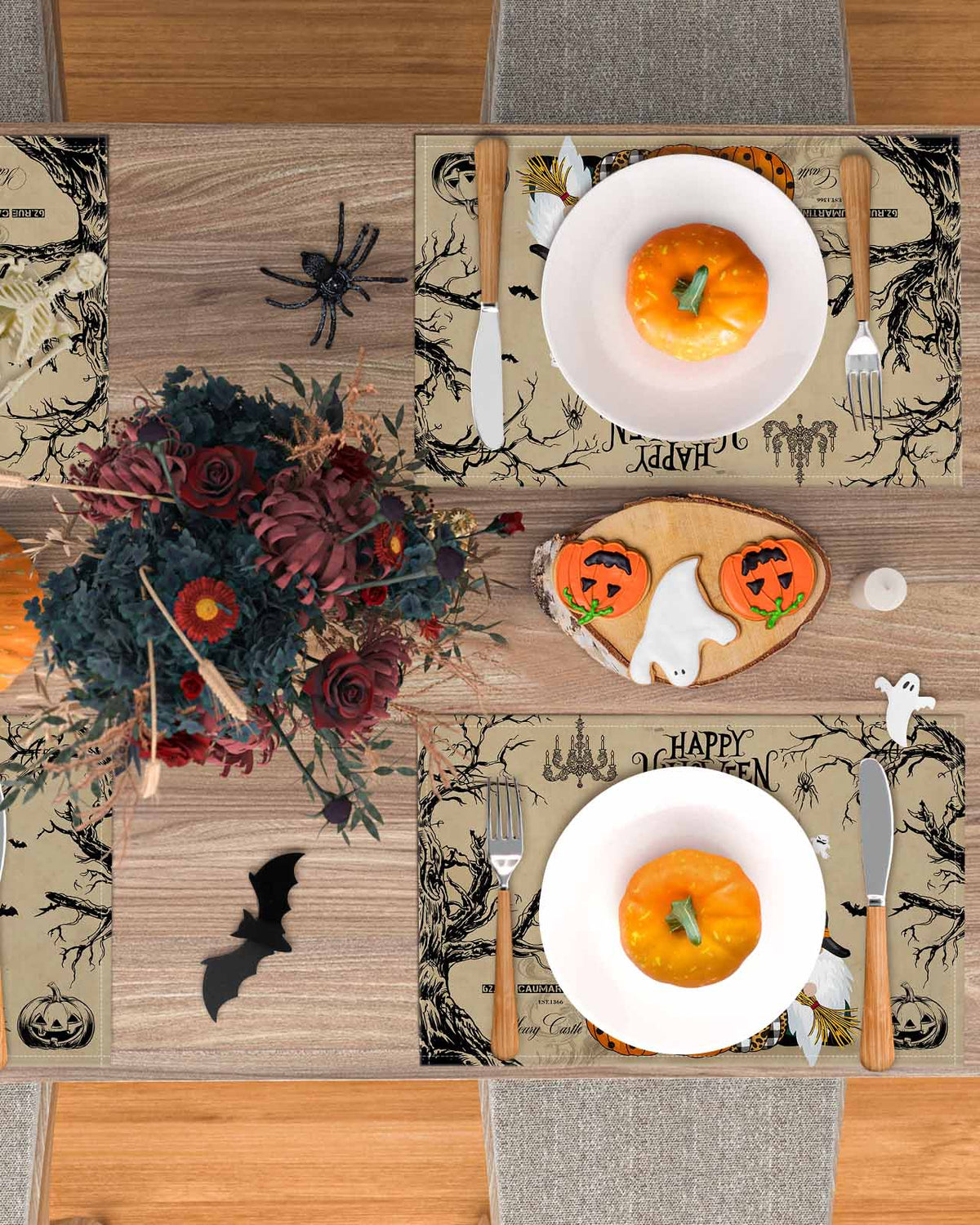 Halloween Placemats Set of 4 Gnome Pumpkin Place Mats Fall Placemat Black Bats Crow Ghosts Cobwebs Castle Table Mats for Dining Kitchen Table Holiday Dinner Party Home Decorations 13x19 Inch