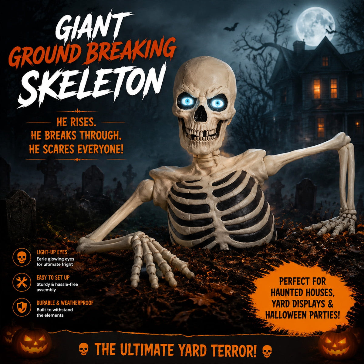 Ground Breaking Skeleton with LCD Eyes, Halloween Prop, 12 Inch Animated Ghost Skeleton with Sound Activated Glowing Eyes, Outdoor Graveyard Haunted Yard Spooky Party Decoration