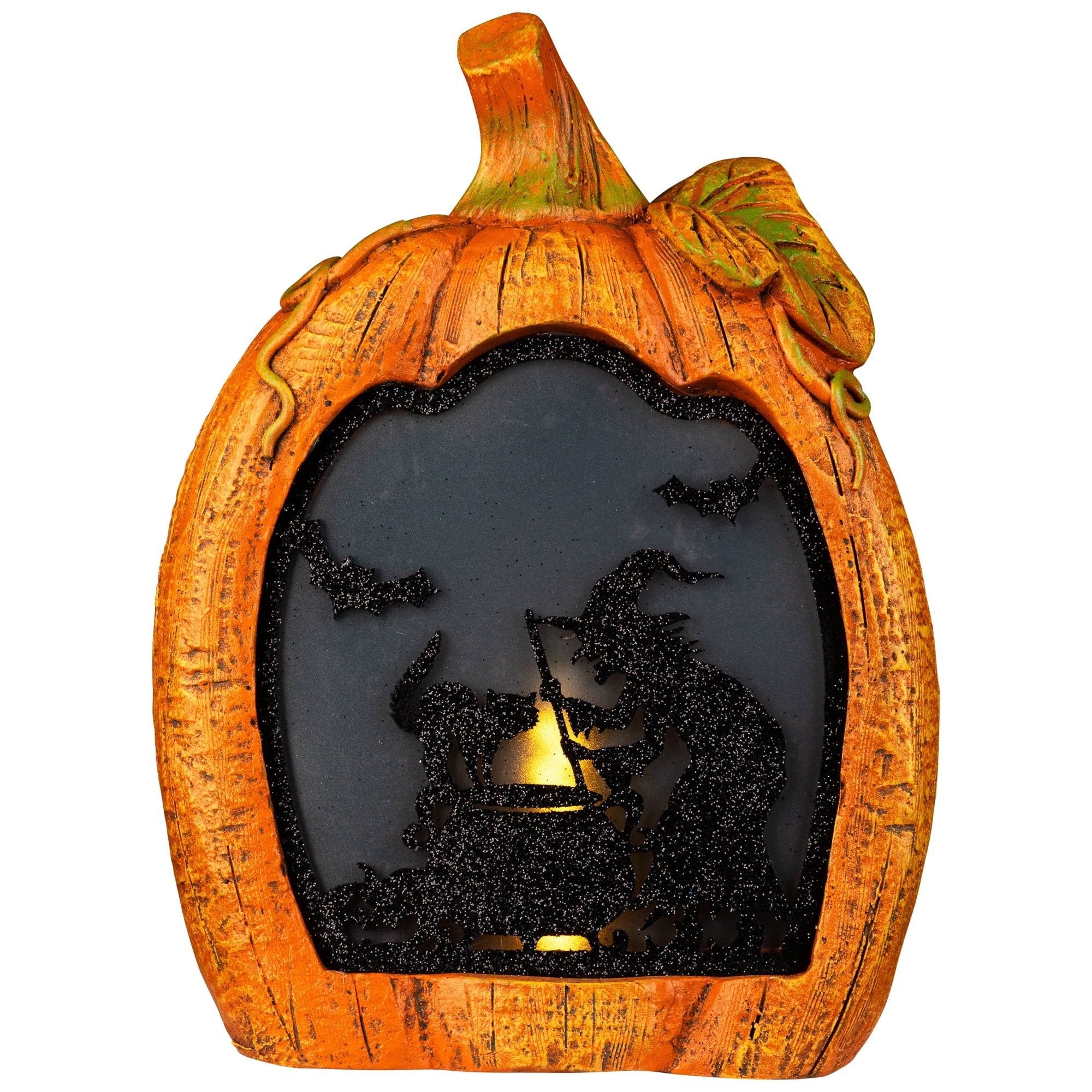 Witch Stirring Flickering Cauldron Scene Inside Pumpkin Halloween Decoration - 13" - LED Orange Light