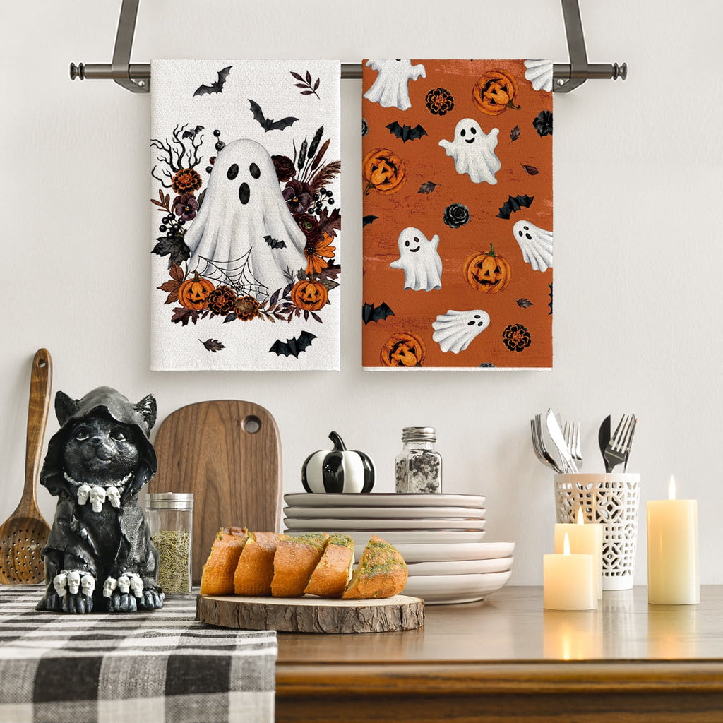 Sm:)e Pumpkin Ghost Bat Happy Halloween Dish Towels Set of 4, 18x26 Inch, Seasonal Holiday Hand Towels for Kitchen and Dining Table