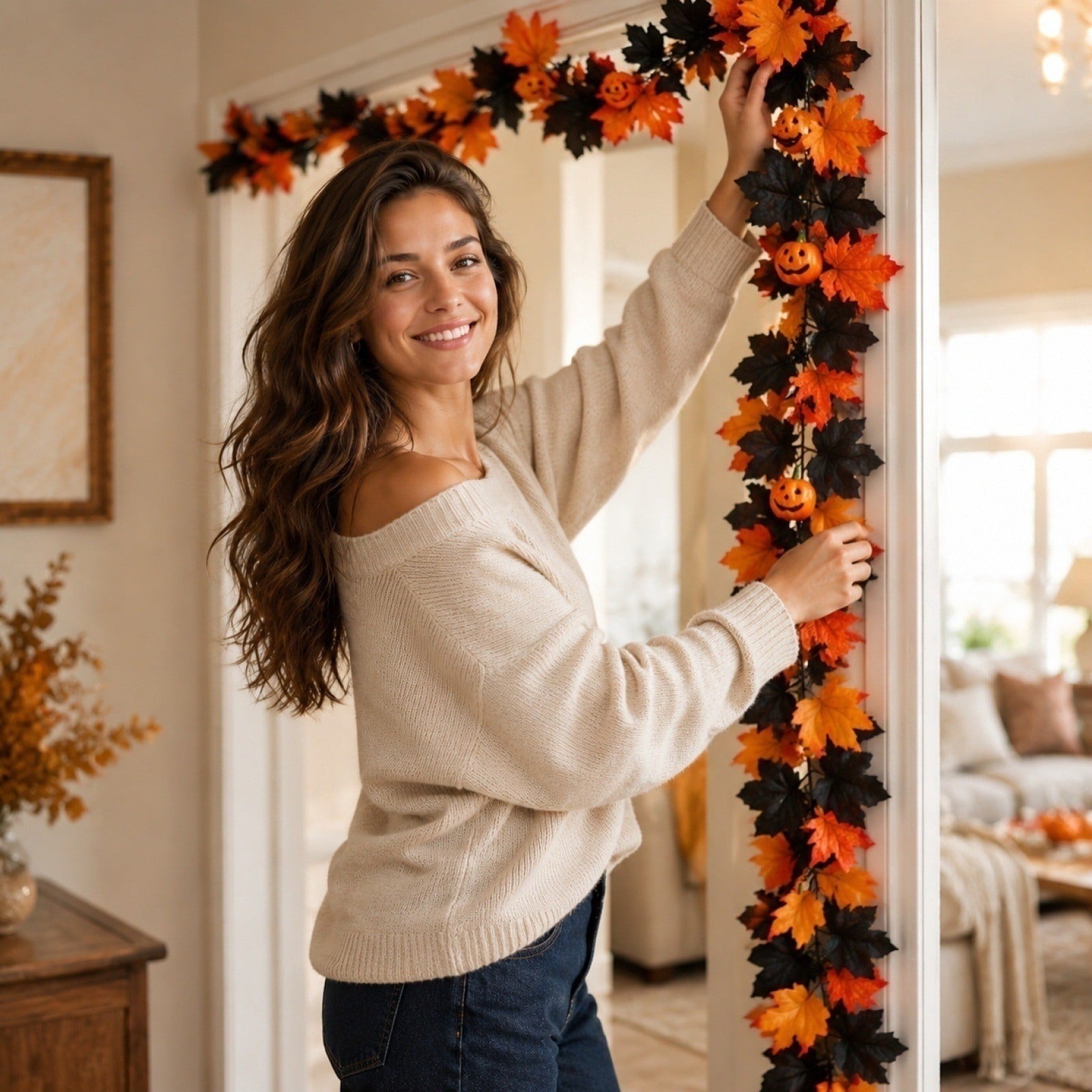 WKSCLPAI Halloween Maple Leaf Garland, Fall Vine Wreaths for Autumn Festivities Decor,Seasonal Garlands for Home,Halloween & Fall Decorations