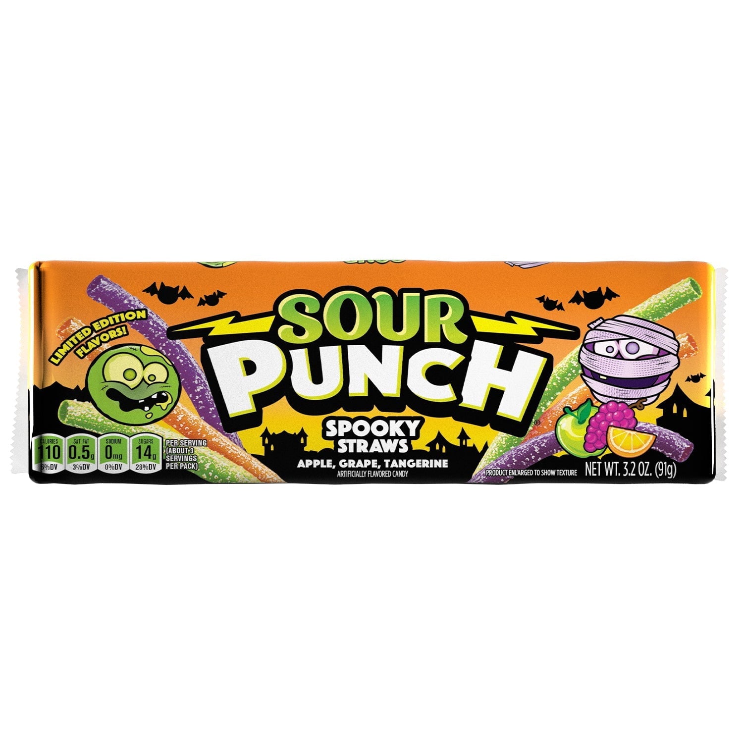 Sour Punch Spooky Straws Chewy Halloween Candy, 3.2oz Tray