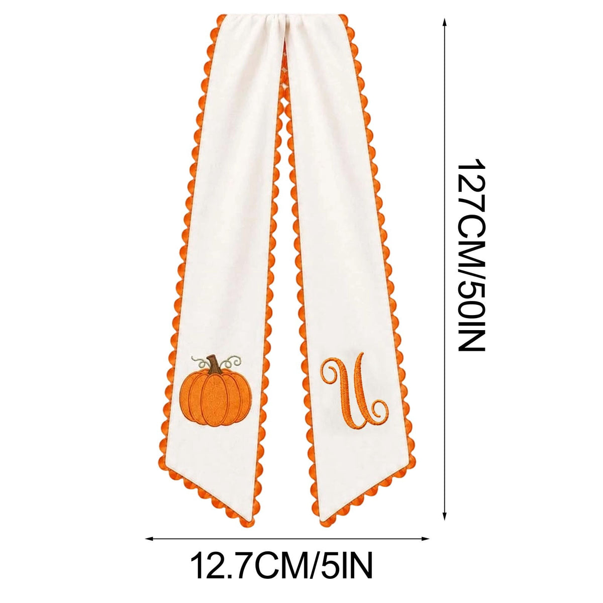 Pumpkin Embroidered Wreath Sash, 50 x 5 inch Orange Scalloped Lettered Ribbon for Halloween, Thanksgiving, Front Door, Seasonal Garland and Fall Home Decor, W