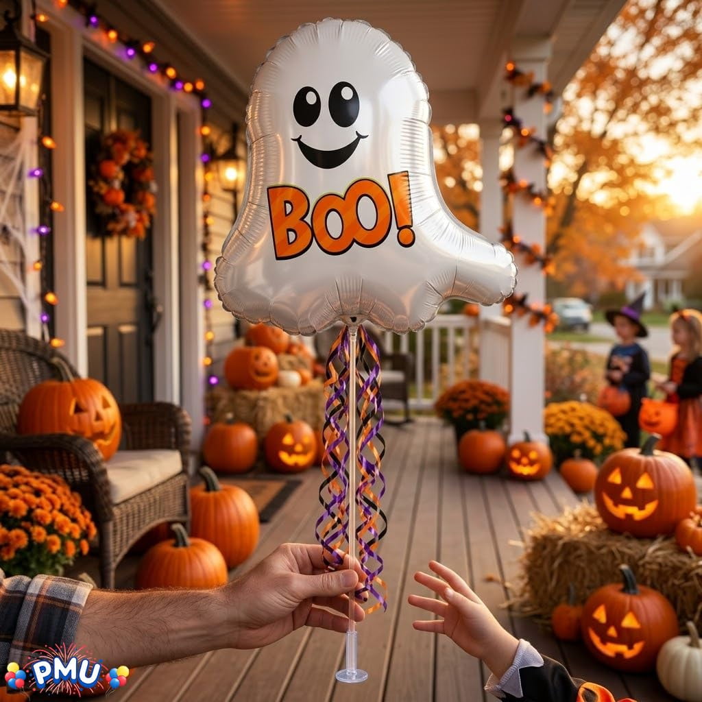 PMU Halloween Pre-Inflated Balloons "Whimsical Pumpkin" 9 Inch Air-Filled Pre-inflated with a Cup and a Stick (1/Pkg) Pkg/1
