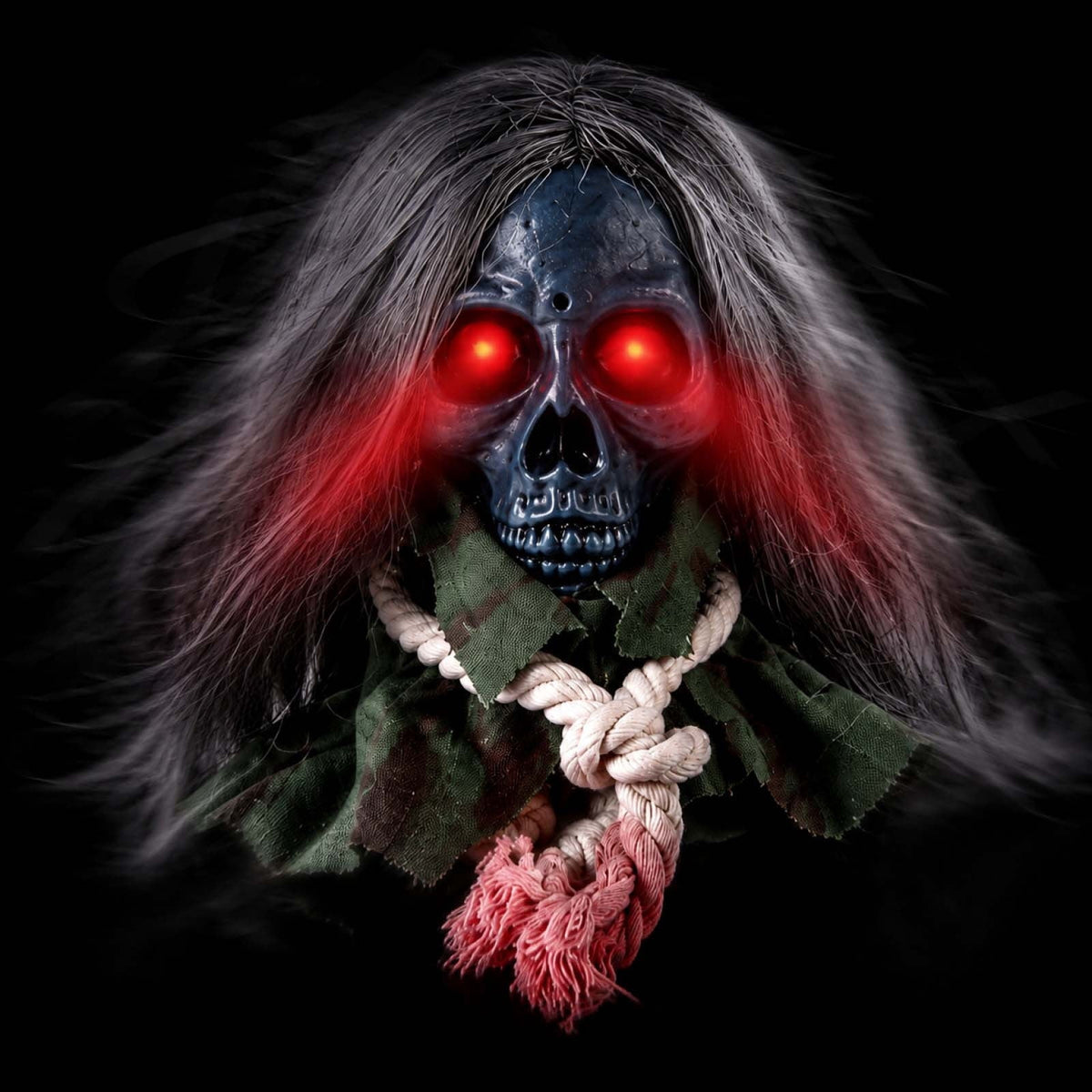Moving Long Hair Hanging Skull Head Prop, Creepy Animated Halloween Skeleton Decor, Spooky Ornament for House, Party, Indoor Outdoor (Batteries Not Included)