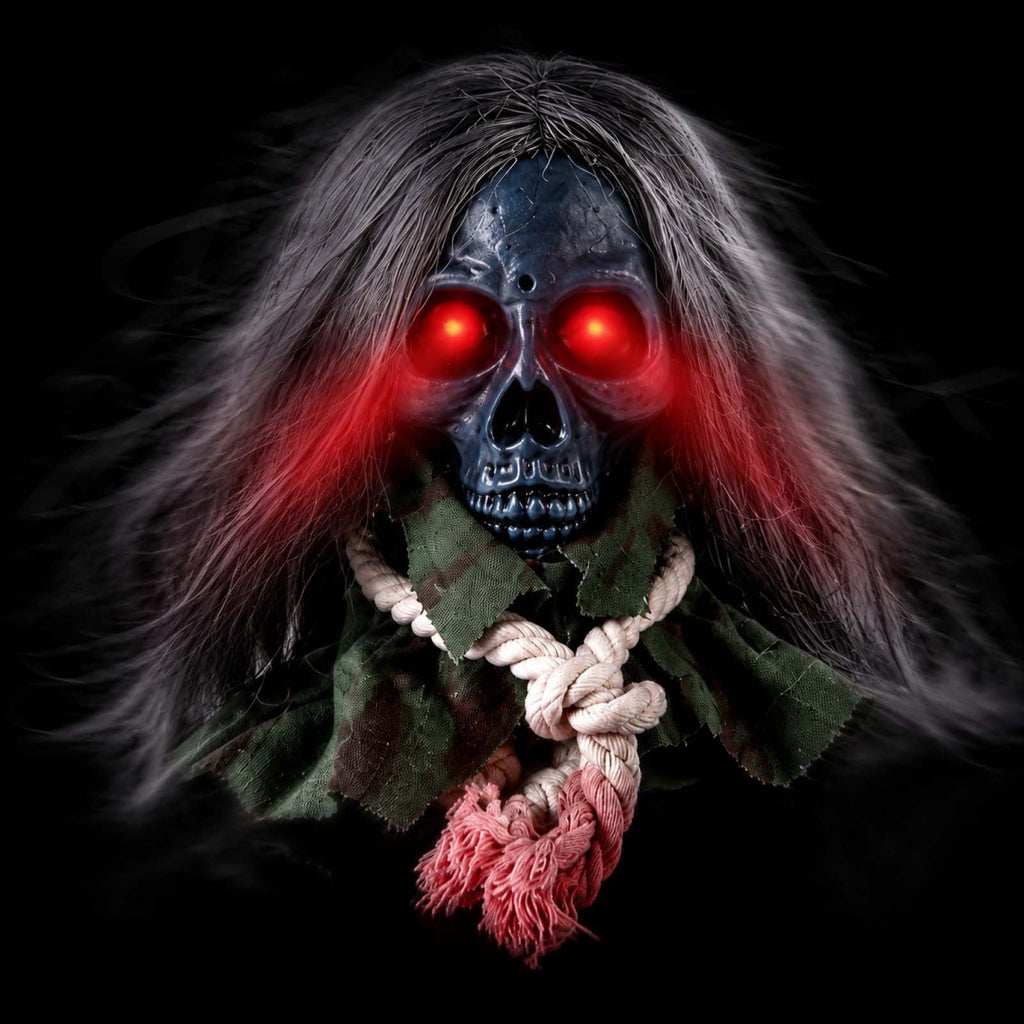 Animated Walking Skull Head with Light-Up Red Eyes Creepy Moving Halloween Prop with Long Grey Hair Horror Music Motorized Resin Decoration for Party Yard Indoor Outdoor Spooky Decor Gift