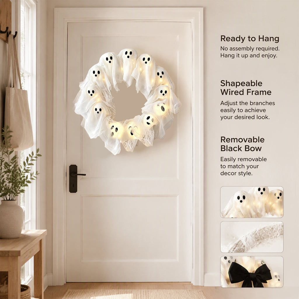 Halloween Glowing Ghost Wreath, Light-up Spooky Wreath with 12 Ghost Decor, RC, 6H Timer, Ideal for Halloween Party (A 12x3inch)
