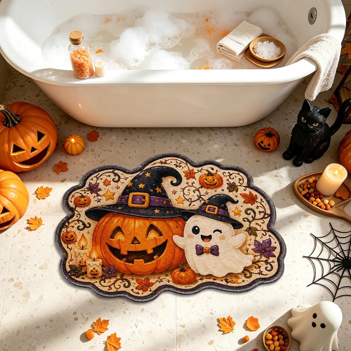 Halloween Doormat Ghost Bath Mat 23.6x15.7in Secure-Grip Absorbent Soft Faux Fur Rug for Bathroom Bedroom Living Room Decor by OVFUIZ