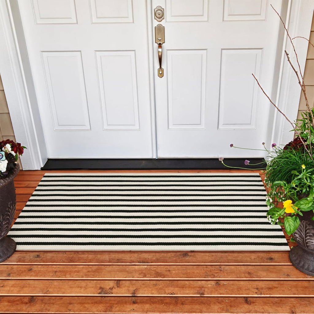 Fall Front Door Mat 15"x24", Black and Khaki Striped Layered Door Mat Outdoor, Washable Farmhouse Front Porch Rug Halloween Thanksgiving Decorations, Cotton Hand Woven Entryway Rug