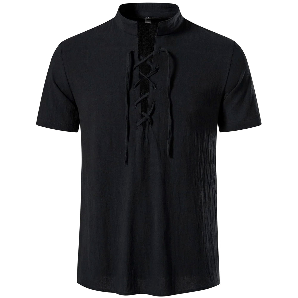 HAOMEILI Men's Cotton Linen Lace-Up V-Neck Short Sleeve Shirt