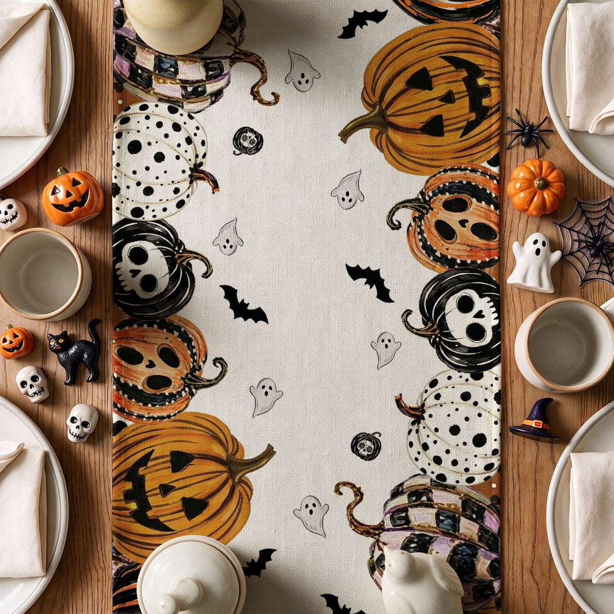 Sm:)e Halloween Table Runner Ghost Pumpkin 13x72 Inch, Halloween Party Kitchen Dining Indoor Outdoor Decorations,Orange
