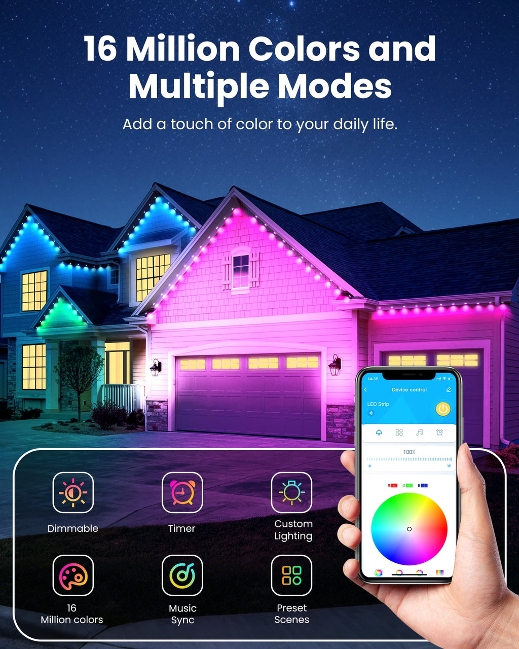 DAYBETTER 200ft Permanent Outdoor Lights, RGB Eaves String Lights with 100LED, Remote/APP Control, IP65 Waterproof, for Garden Halloween Christmas Party Decorations