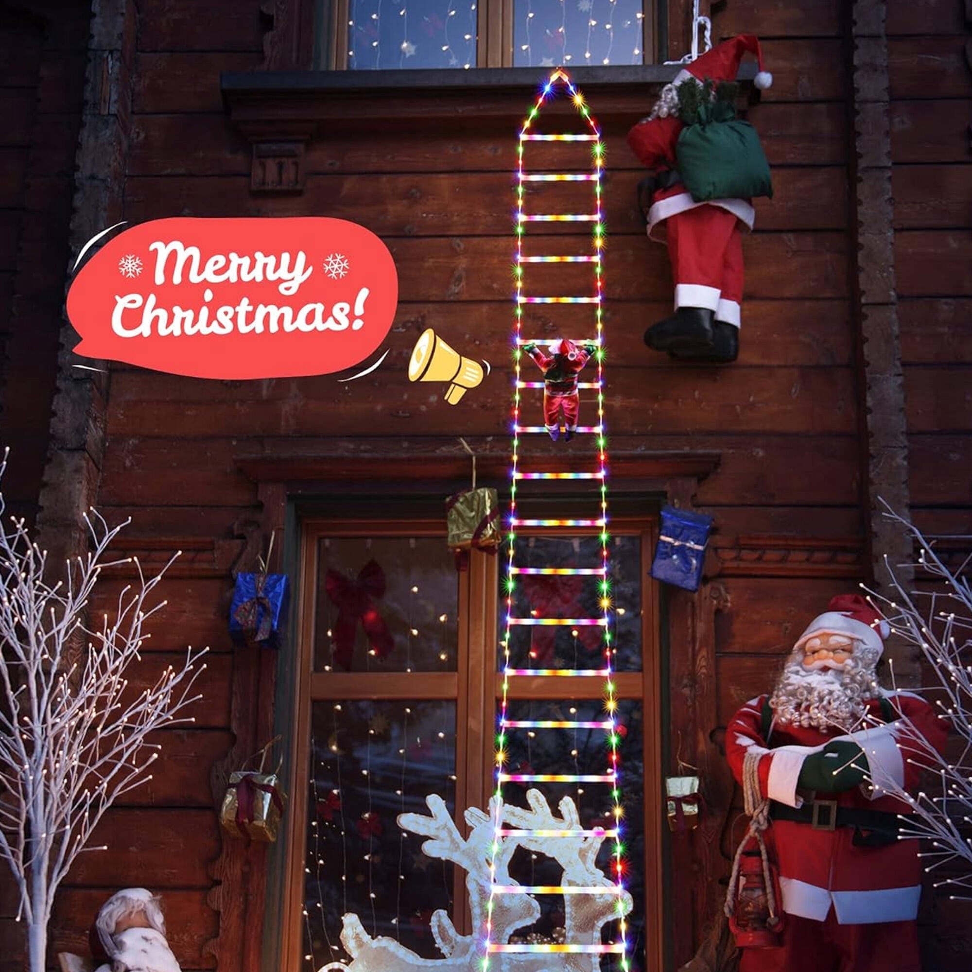 Morfone Christmas Decorations LED Ladder Lights with Climbing Santa Claus, 10.5ft Christmas Decorative String Lights for Indoor Outdoor, Window, Garden, Home, Wall, Xmas Tree Decor, Multicolor
