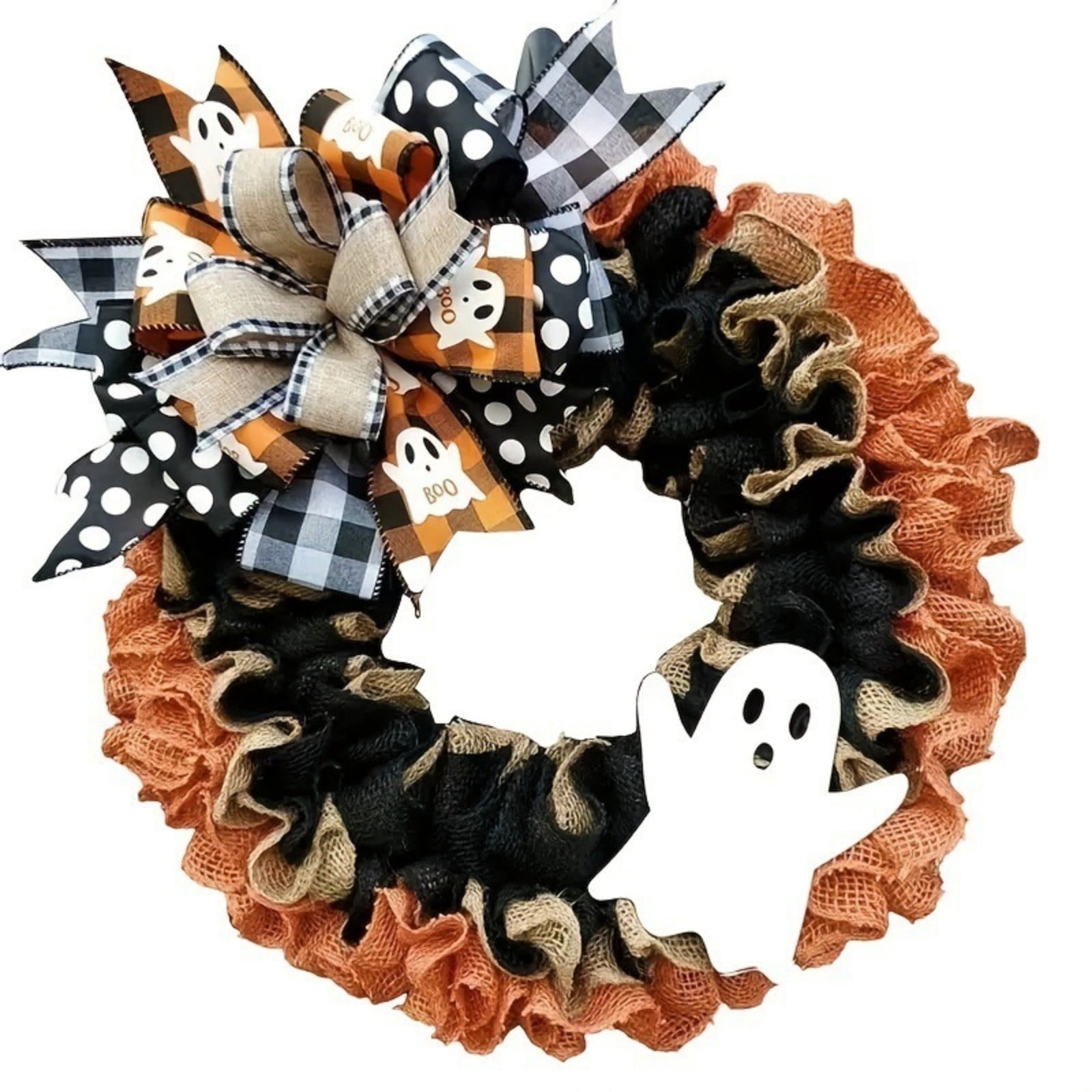 15" Halloween Boo Ghost Wreath for Front Door - Farmhouse Burlap Wreath with Bows, Indoor/Outdoor Decor for Home, Window & Party, Trick or Treat Welcome Sign