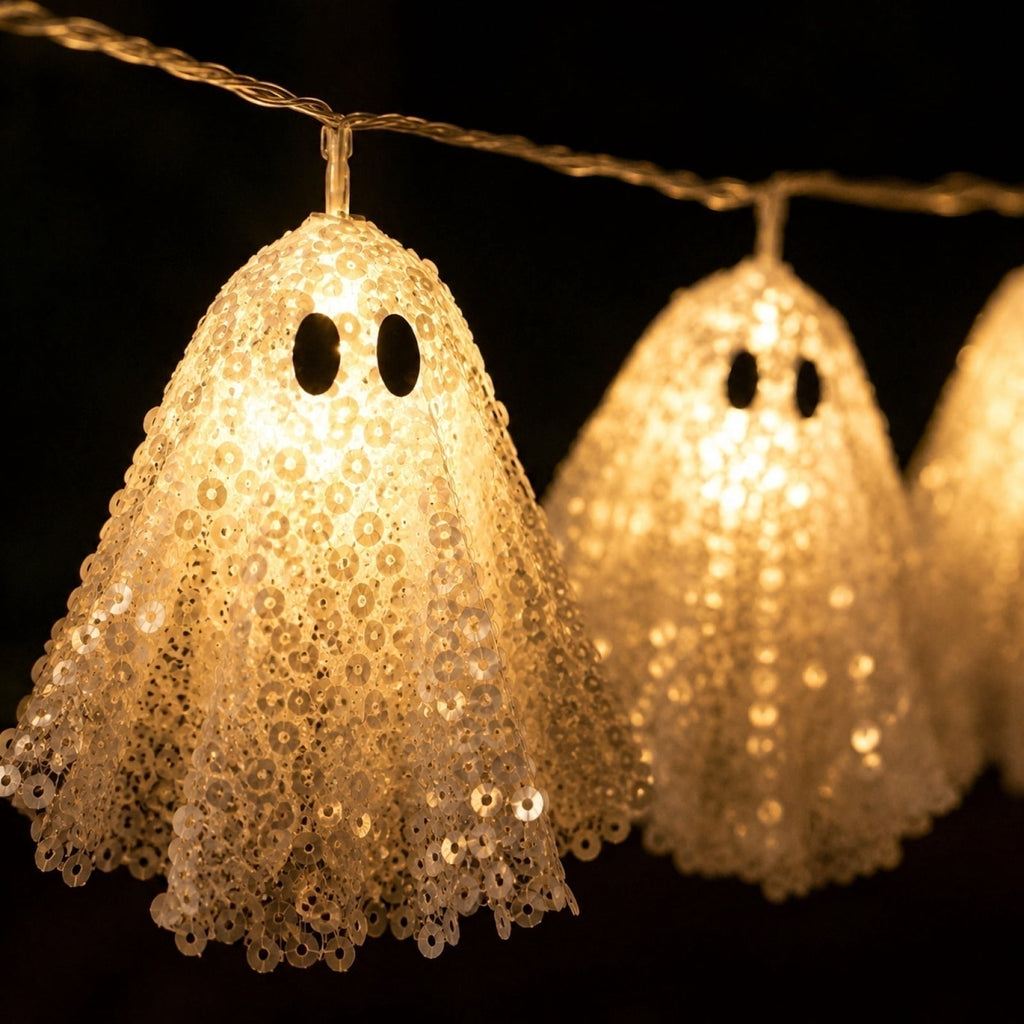 Halloween Light Up Ghost Garland, 6.56FT 10 Sequin Ghost Banner with Black Eyes, Spooky Hanging Decoration for Fireplace Party Yard Tree Indoor & Outdoor Decor