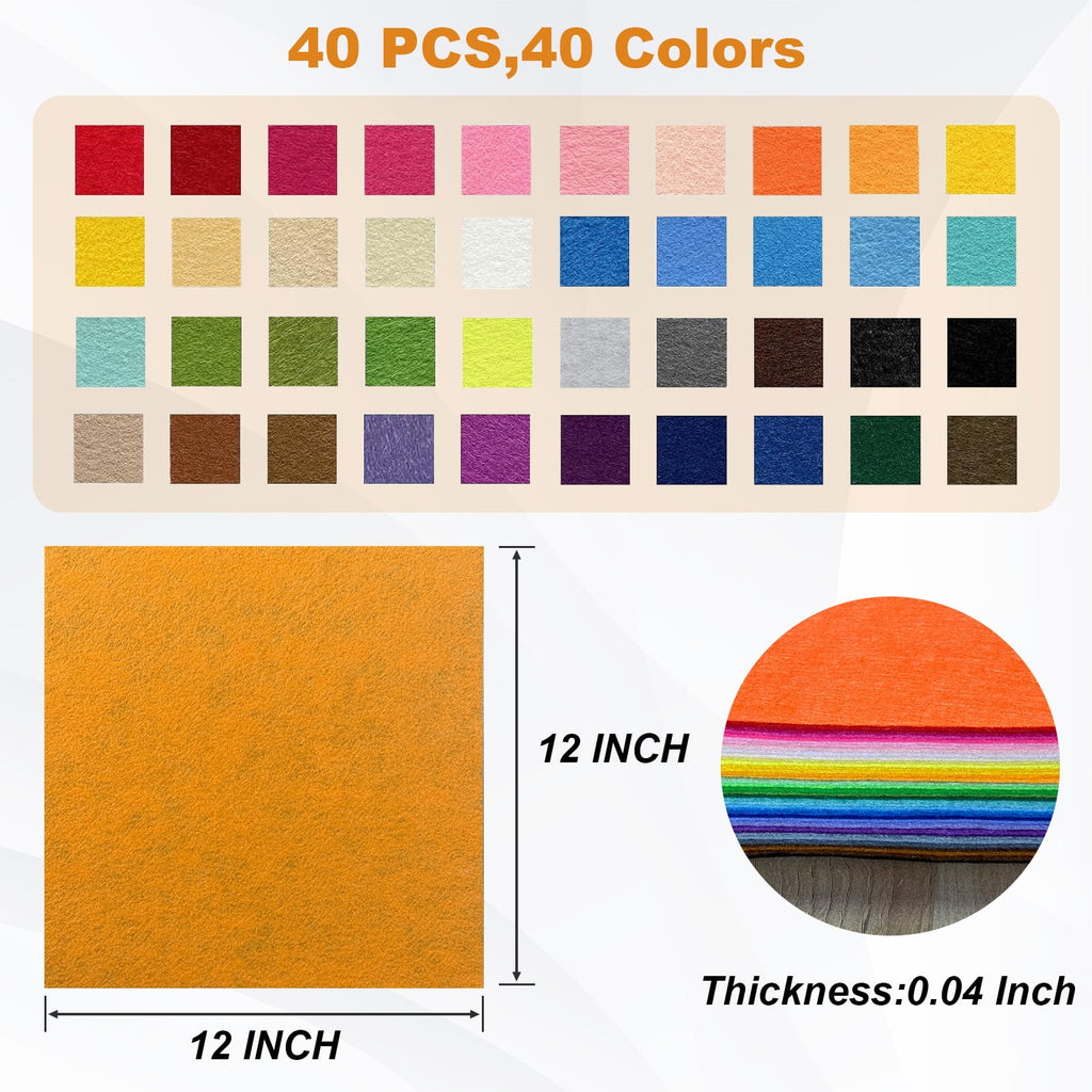 AGCAN 40PCS Felt Sheets for Crafts, 12"x 12" Assorted Color Stiff Felt Sheets, 1mm Thick Square Nonwoven Felt Fabric for Sewing, Patchwork, Embroidering, Crafts DIY