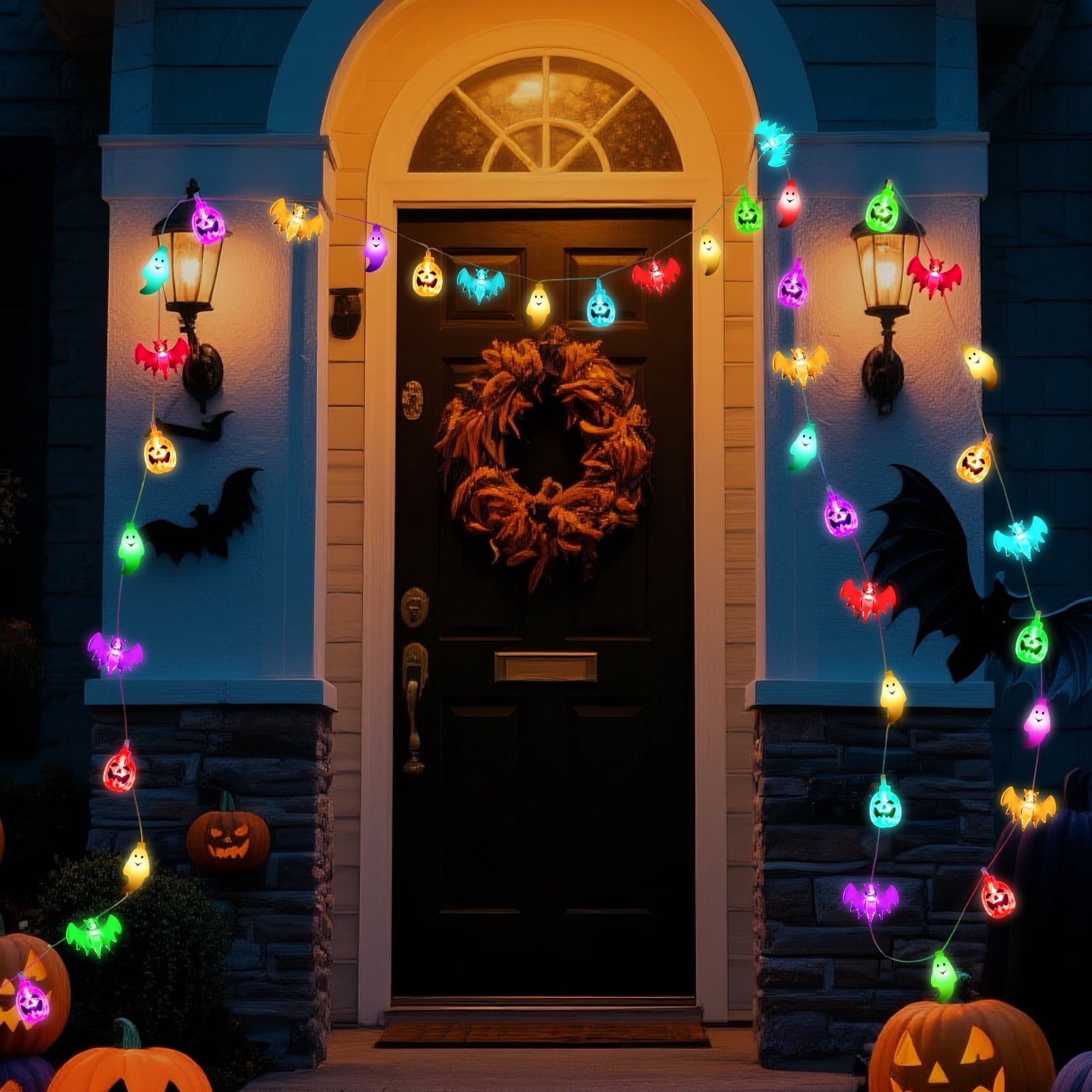 Oziral Halloween String Lights Decorations:Halloween Lights Indoor Outdoor 30 LED Battery Operated Waterproof Lights Remote 3D Pumpkin Bat Ghost Halloween Decorations for bedroom Party Yard Garden