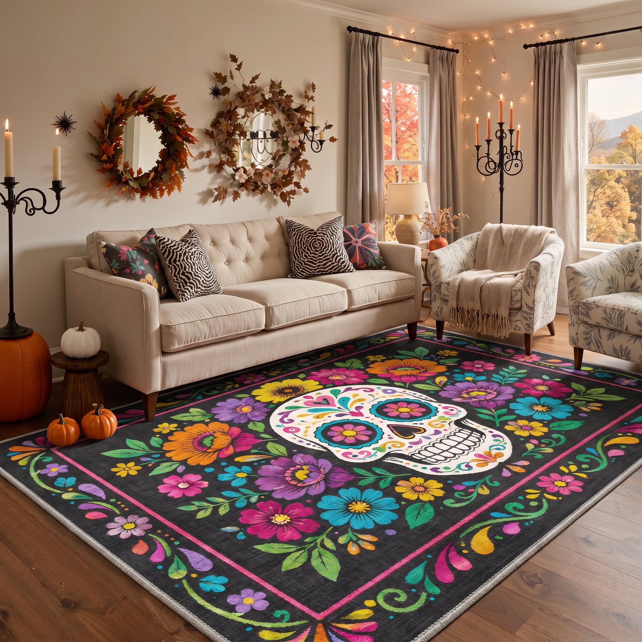 GENIMO 2'x7' Halloween Runner Rug, Washable Non Slip Soft Whimsical Skeleton Indoor Outdoor Hallway Runner for Porch Patio Kitchen Entryway, Charcoal Black