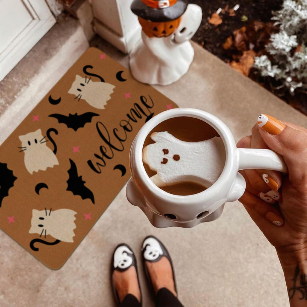 Halloween Door Mat,Cute Cat Spooky Ghost Bats Outdoor Mats for Front Door,Fall Halloween Indoor Entrance Non-Slip Doormat Entryway Welcome Rubber Mats for Porch Decor 30" x 17"