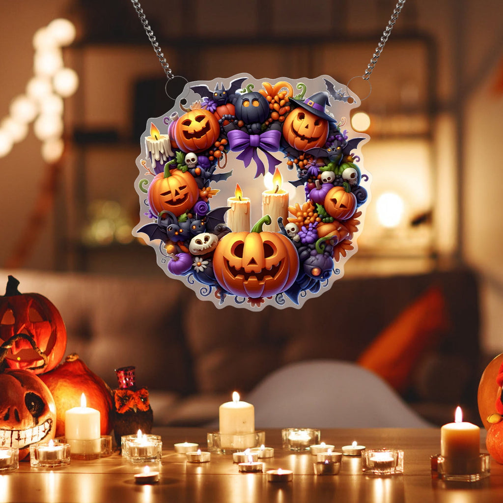Btomtd Diameter 8" Pumpkin Skull Wreath Halloween Decor Acrylic Round Disk Hanging Ornament with Garland for Front Door Window, B