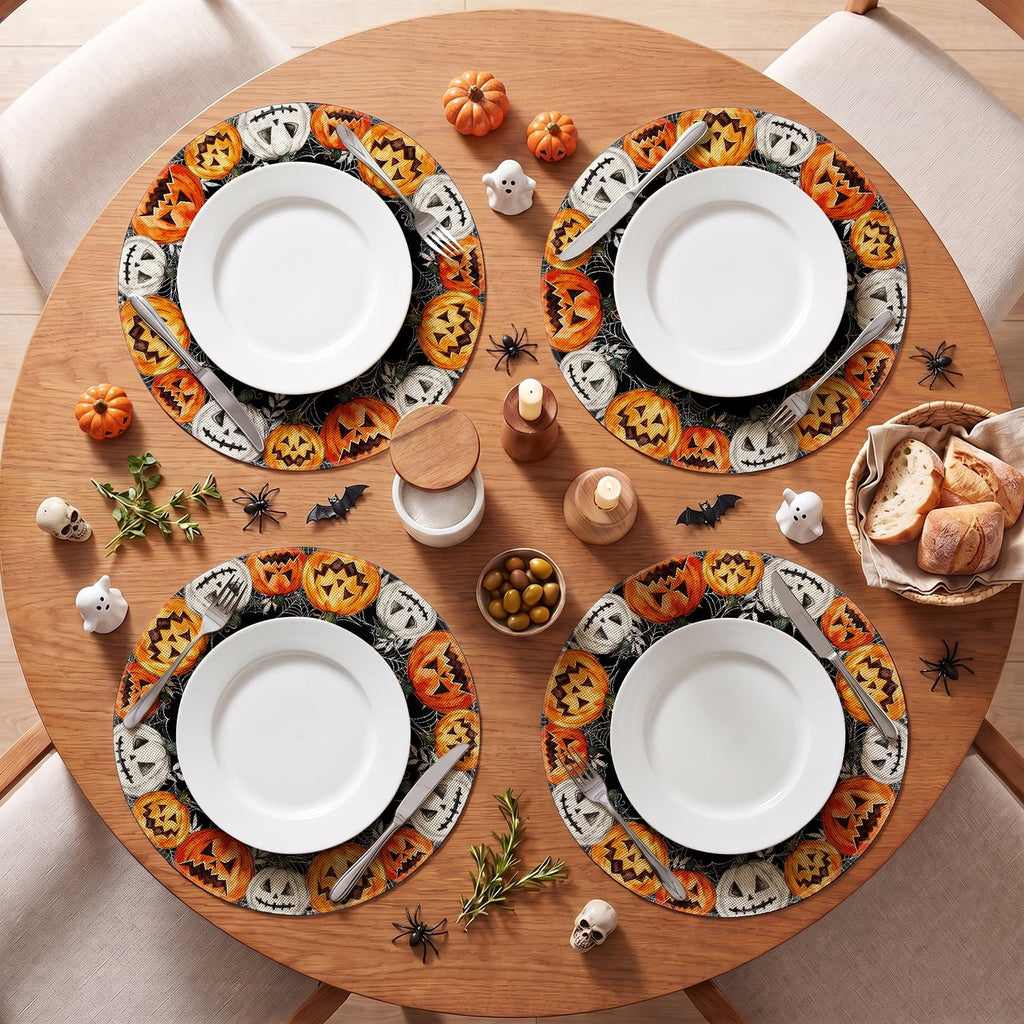 Smile Jack-O'-Lantern Spider Web Halloween Table Placemats Set of 4 Round 15 Inch Black