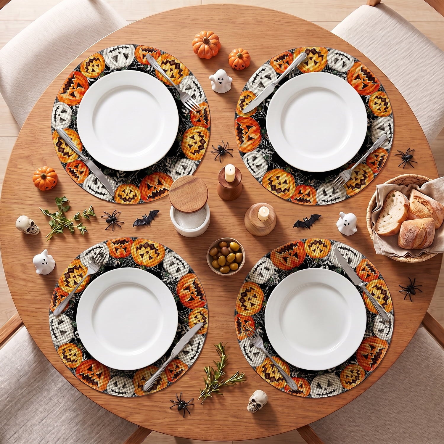 Smile Jack-O'-Lantern Spider Web Halloween Table Placemats Set of 4 Round 15 Inch Black