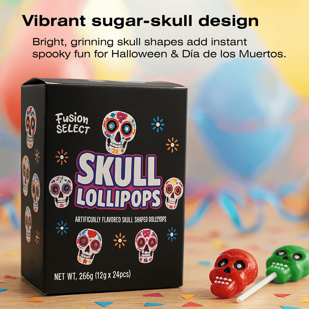 Fusion Select 24 Pcs Sugar Skull Lollipops - Colorful Halloween & Day of the Dead Candy - Individually Wrapped Novelty Treats for Kids - For Trick or Treat, Themed Party Favors & Celebrations