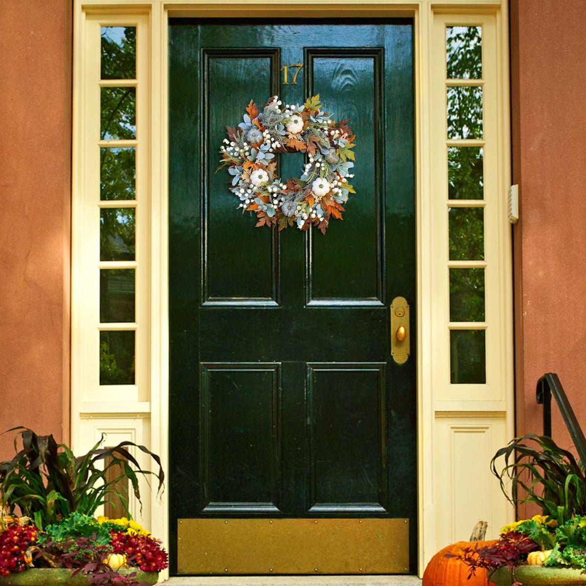 Btomtd Diameter 8" Pumpkin Skull Wreath Halloween Decor Acrylic Round Disk Hanging Ornament with Garland for Front Door Window, A