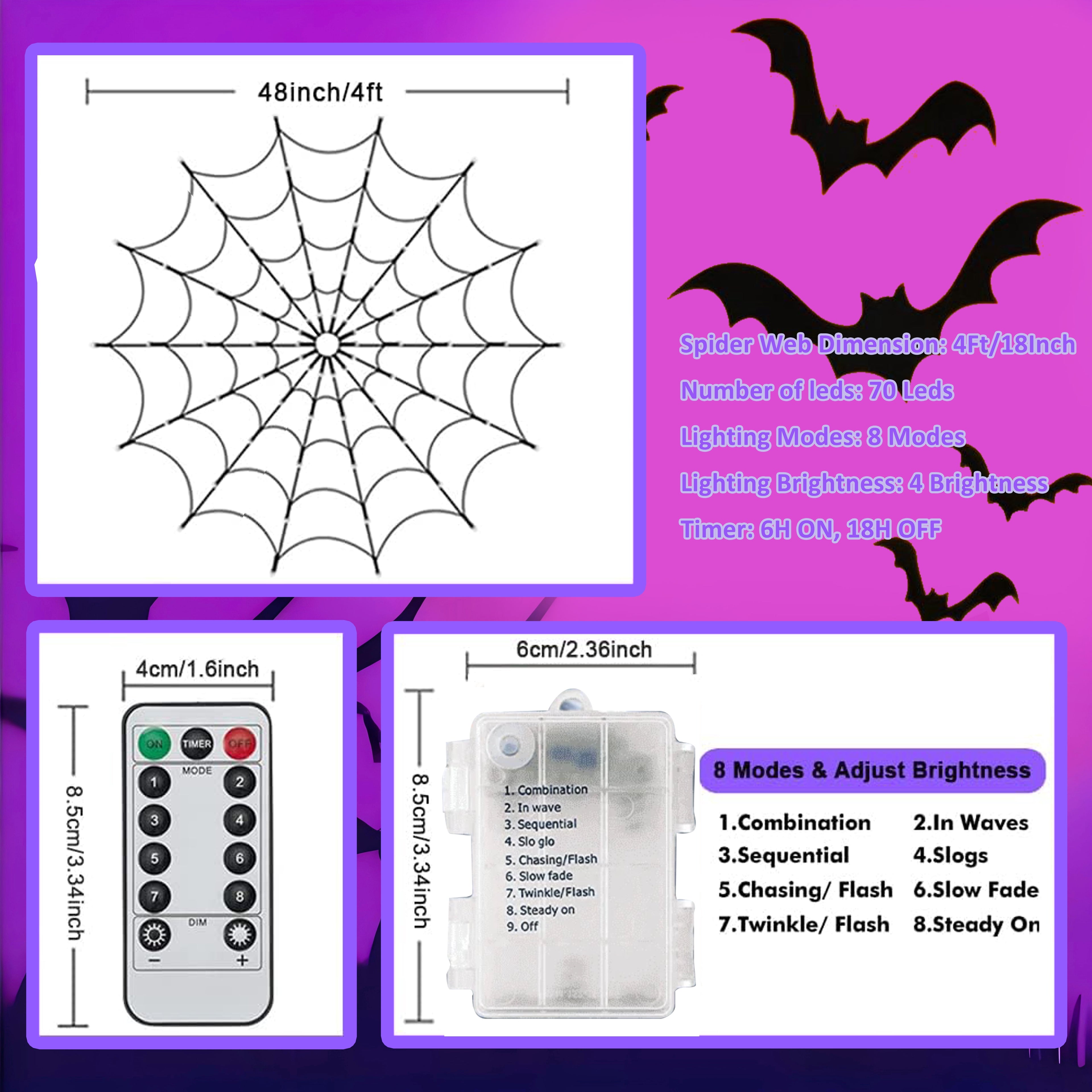PMMIPNW Halloween Light Spider Web Lights 70 LED, Halloween String Lights Battery Operated with 8 Modes, Retro Haunted for Bedroom, Bar, Haunted House, Wall Halloween Decoration, Purple