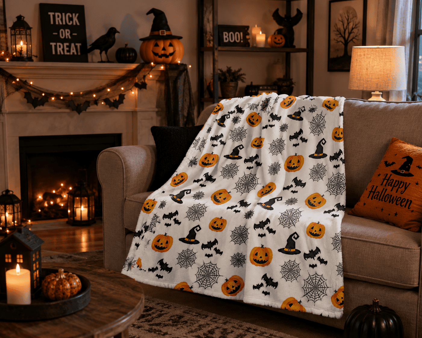 Serafina Home Halloween Throw Blanket: Fuzzy Boo! Jack O'Lantern Spider Webs Skull and Black Cats Print on Velvet Fleece for Sofa Bed Couch Chair Dorm