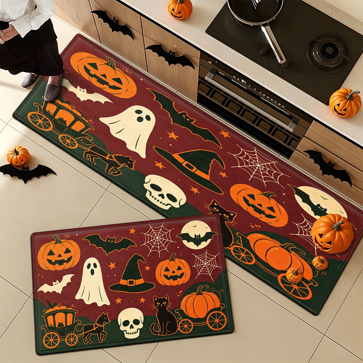 YIMEIS Halloween Neon Pumpkin Lanterns 3Pcs Flannel Mat & Kitchen Rugs Set,Soft Non-slip,16''×24'' 20''×30'' 17''×47'' Inches,for Entryway Bathroom