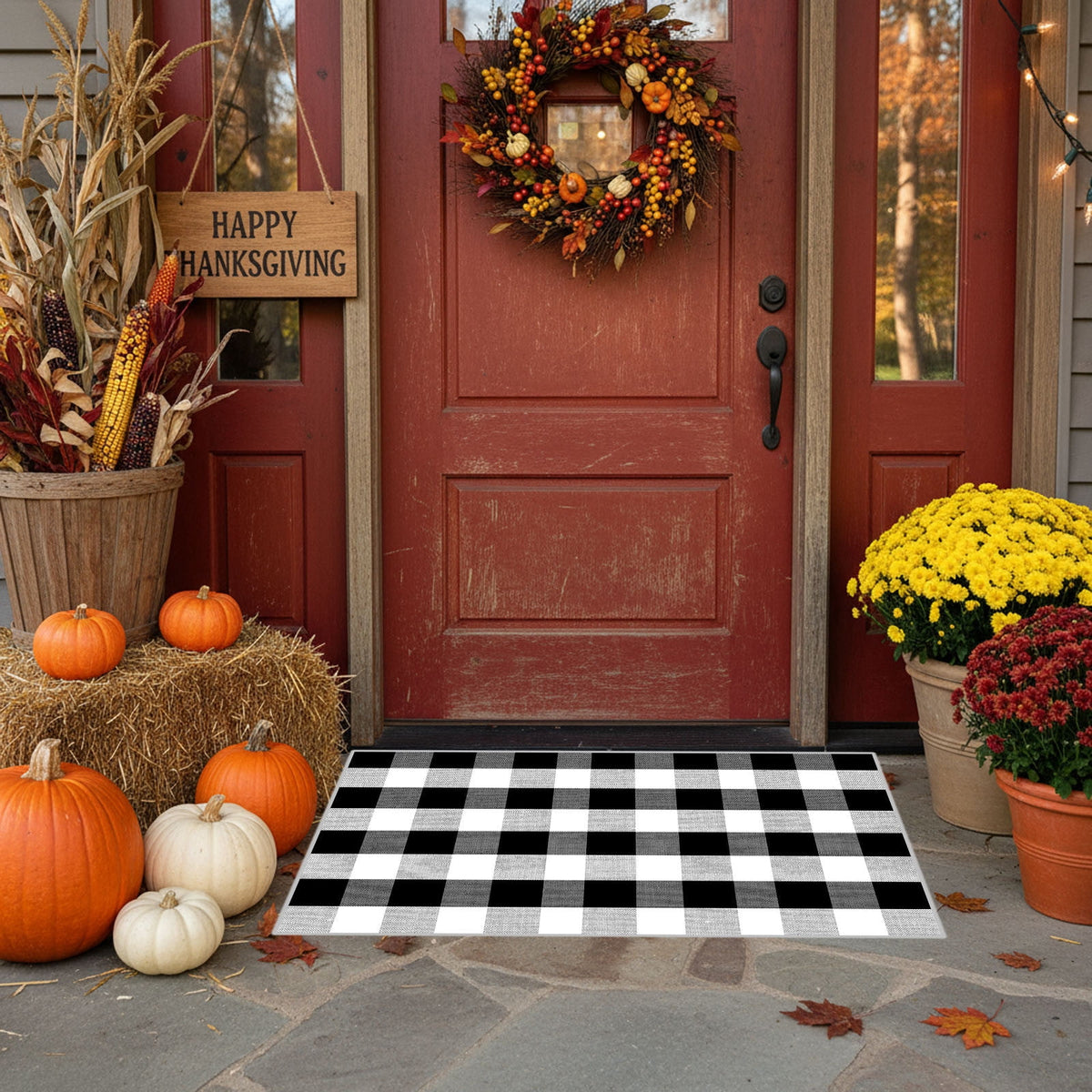 Orange Plaid Fall Outdoor Mat, Hand-Woven Porch Rug for Thanksgiving Halloween Door Decor