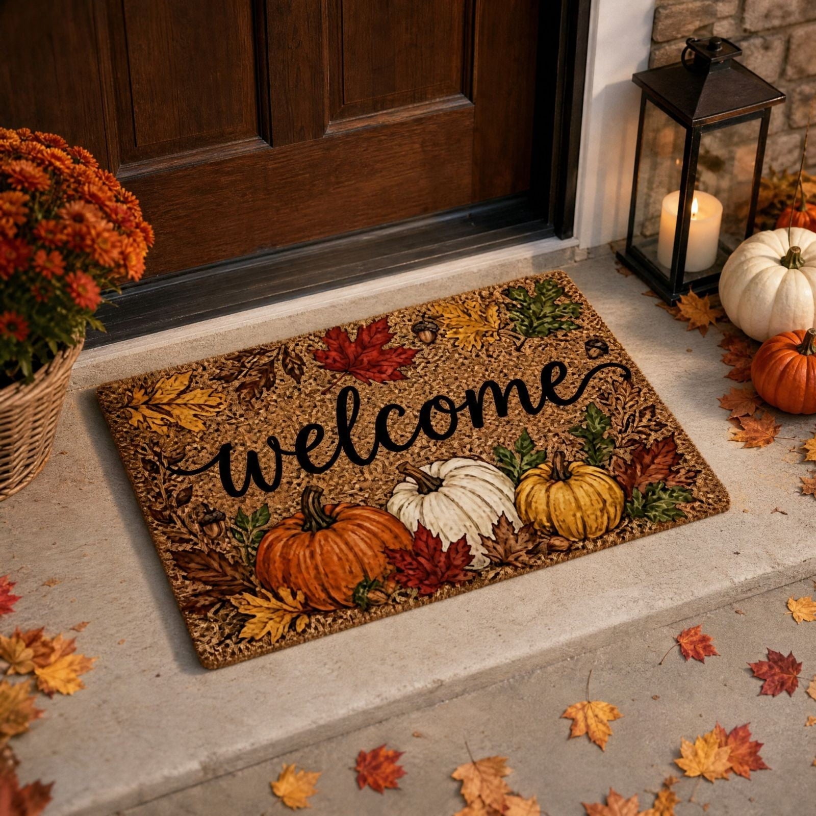 syligr Halloween Thanksgiving Doormat with Maple Leaf & Pumpkin Patterns - Non-Slip Floor Mat for Entryway, Kitchen, Porch, Fall Harvest Decor Rug with Anti-Fatigue Backing, Gift for Thanksgiving
