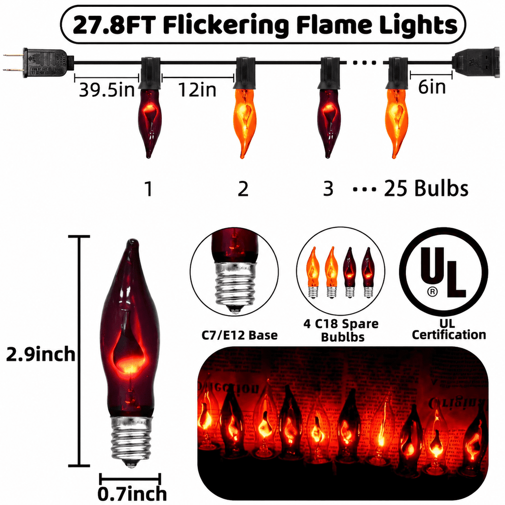 Halloween Lights Flickering Flame String Lights with 12 Pack C7 Orange Flame Light Bulbs (2 Spare), 12.8Ft Orange Flame String Lights for Indoor Outdoor Home Party Yard Halloween Decorations