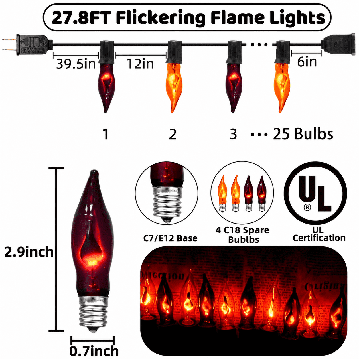 Halloween Lights Flickering Flame String Lights with 12 Pack C7 Orange Flame Light Bulbs (2 Spare), 12.8Ft Orange Flame String Lights for Indoor Outdoor Home Party Yard Halloween Decorations