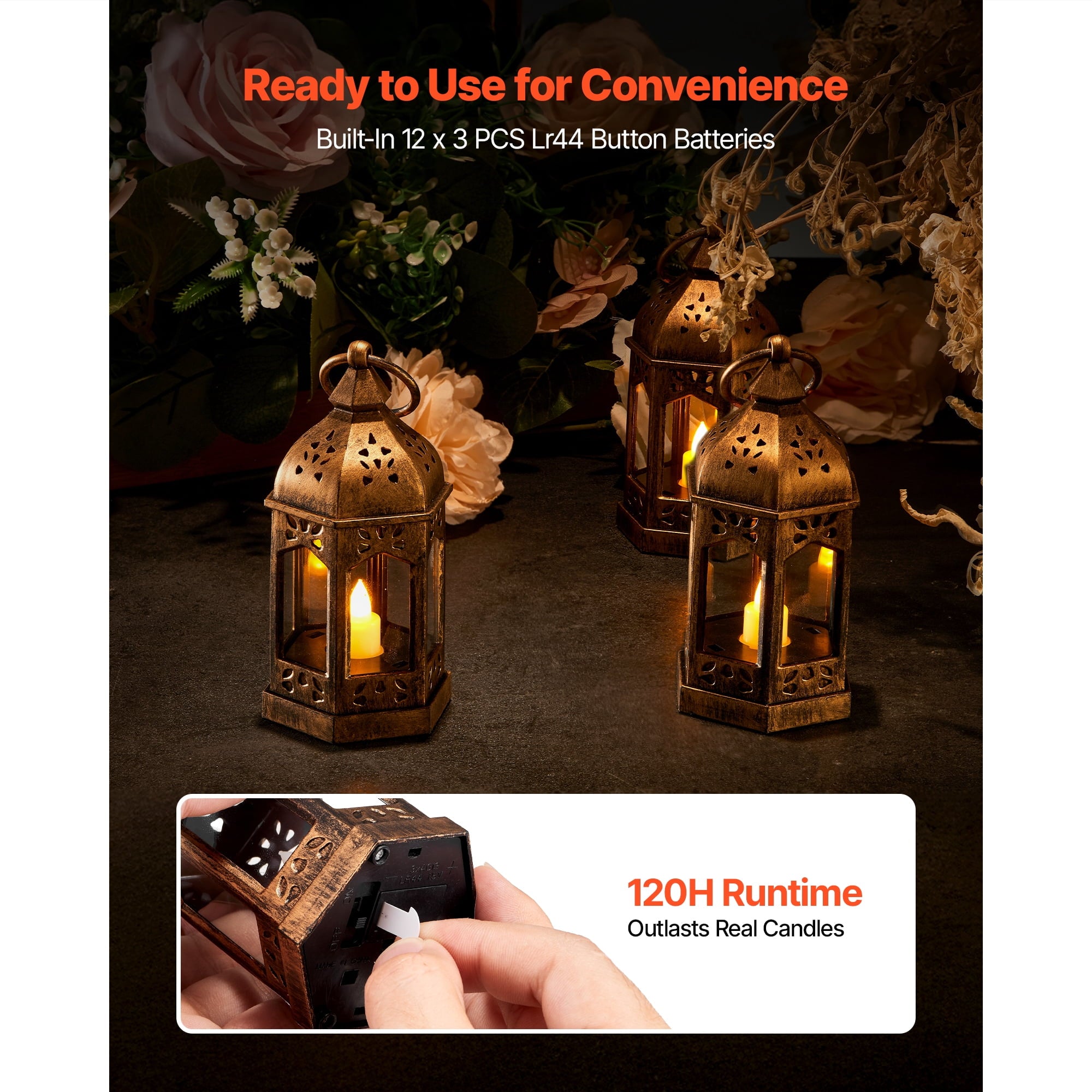 KFFKFF 12-Piece Decorative Candle Lantern Set,LED Flameless Candles with Plastic Frames and Glass Panels, Hanging Lanterns for Indoor and Outdoor Decor, Ideal for Parties,and Farmhouse Style, Bronze