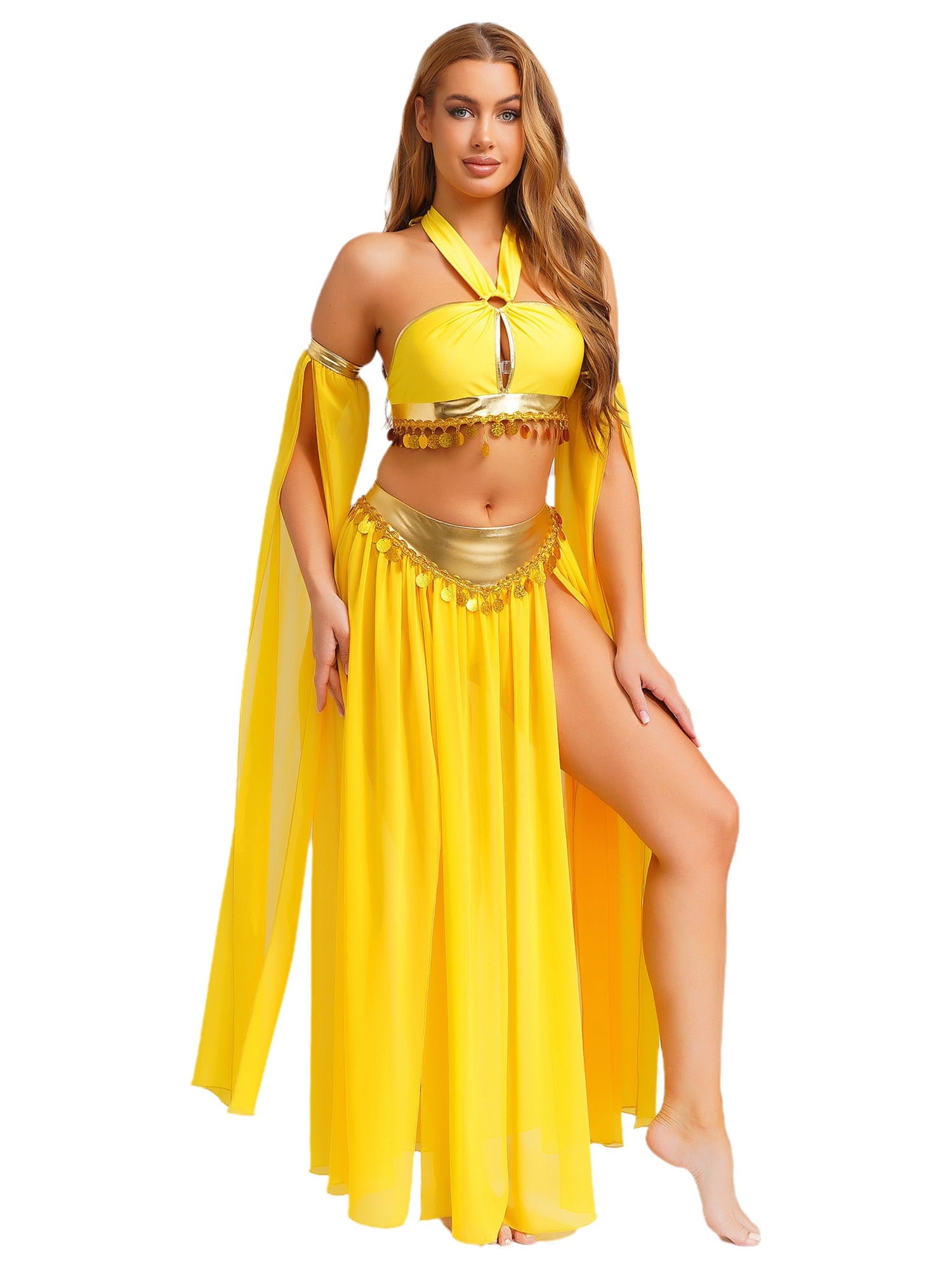iiniim Women Belly Dance Dress Arabian Greek Princess Halloween Costume Chiffon Skirts 4piece Outfit Green L