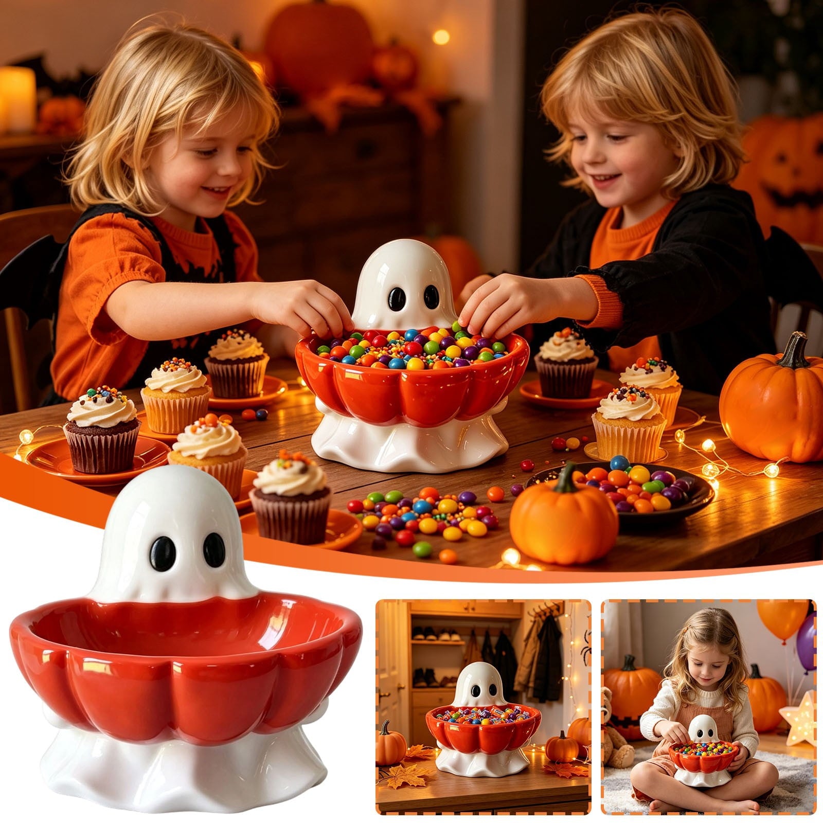 Pink Halloween Decor Ghost Candy Bowl Figurine with Bow and Scalloped Holder for Indoor Tabletop Decor and Party Favor Display