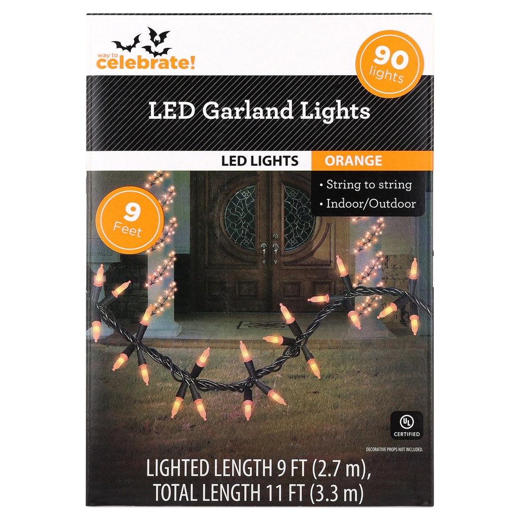 Indoor/Outdoor 90-Count LED Garland Lights, Orange, 9', Halloween by Way To Celebrate