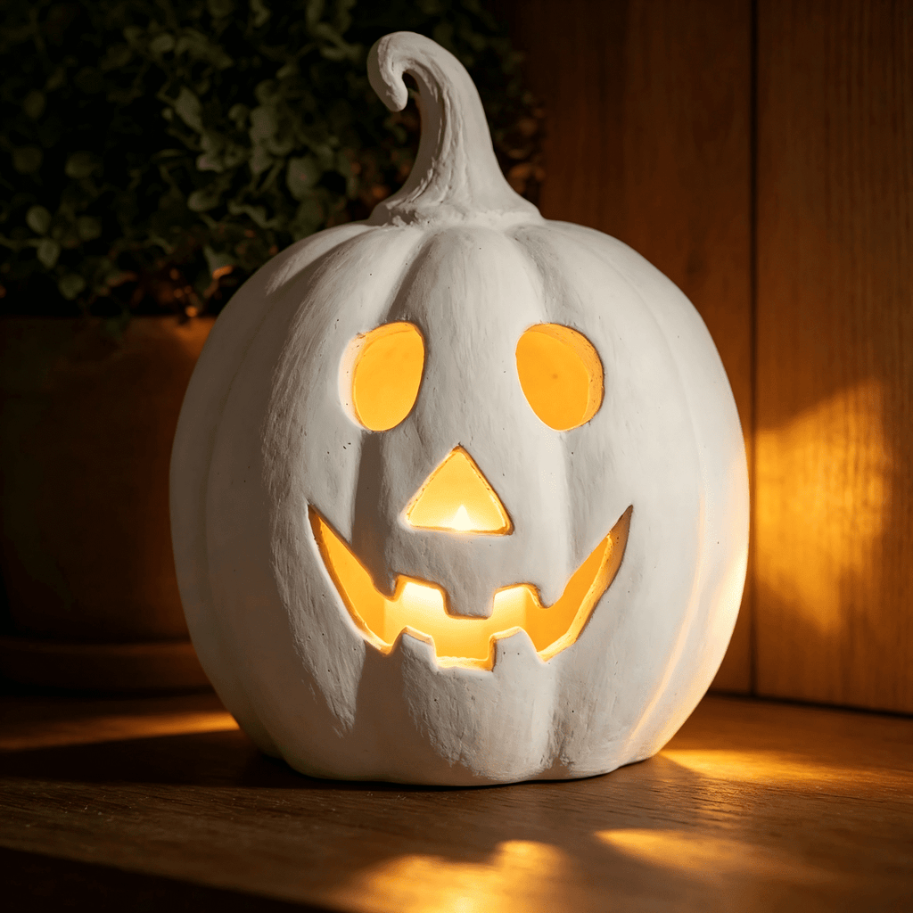 Fall Decor - Halloween Decorations - 5.9"H White Handmade Resin Pumpkin Jack O' Lantern with Flameless Candle - Outdoor Indoor Autumn Decoration for Table Centerpieces Porch Room Front Door