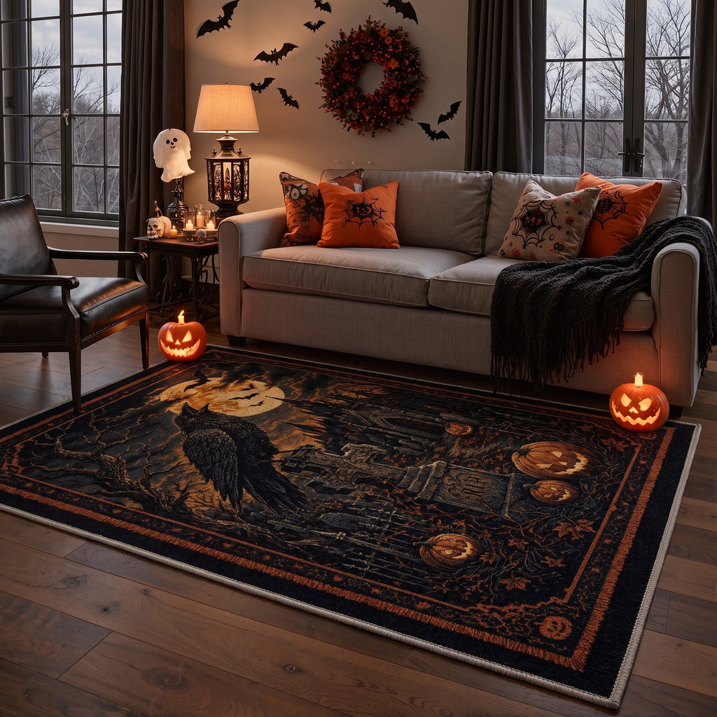 GENIMO 2'x7' Halloween Runner Rug, Washable Non Slip Soft Gothic Raven Indoor Outdoor Hallway Runner for Porch Patio Kitchen Entryway, Rust Orange