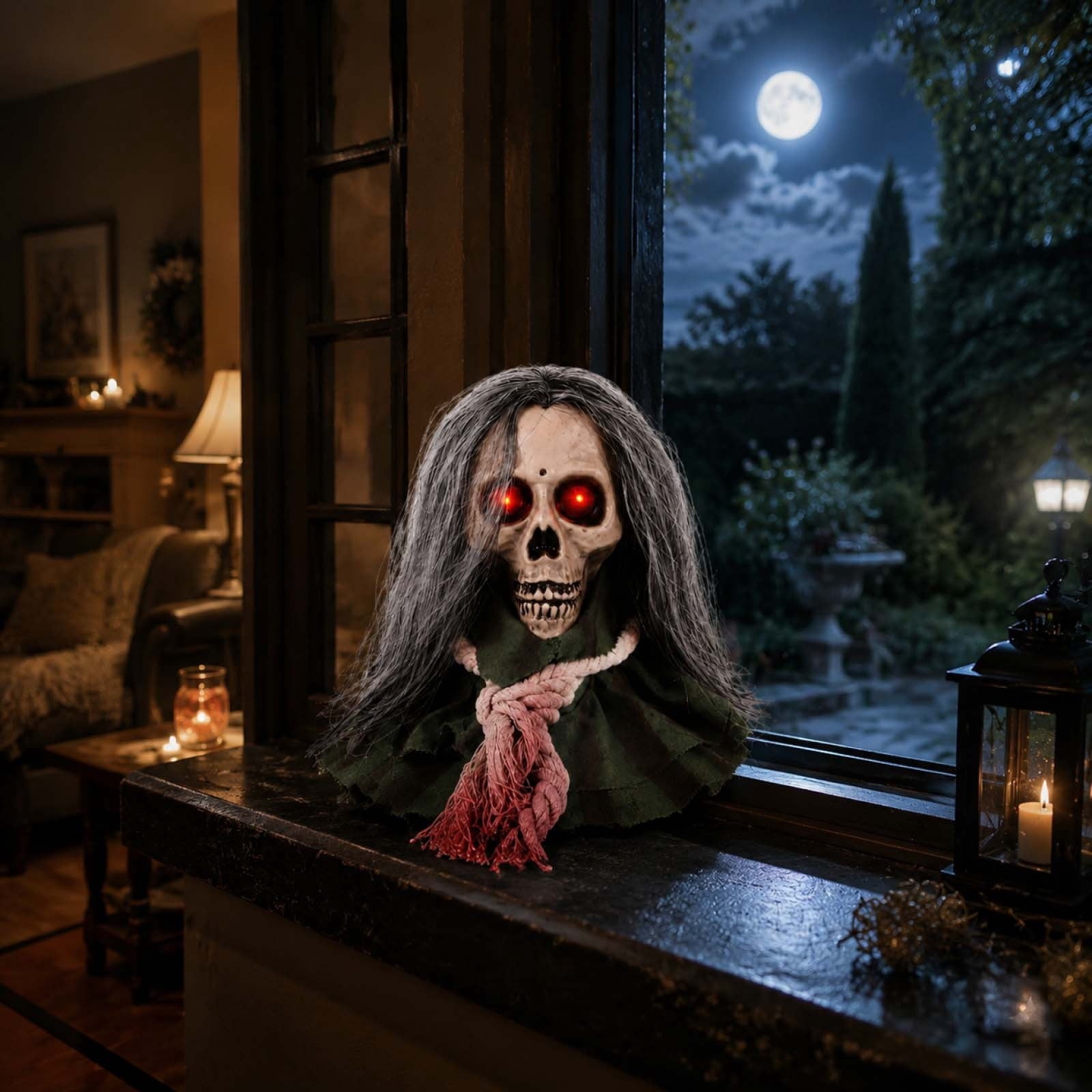 Moving Long Hair Hanging Skull Head Prop, Creepy Animated Halloween Skeleton Decor, Spooky Ornament for House, Party, Indoor Outdoor (Batteries Not Included)