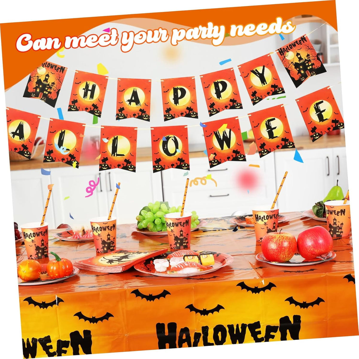 Halloween Party Supplies Decoration Tableware Set,114 Pcs Includes Plates, Napkin,Cup,Straw, Banners, Tablecloth.Halloween Disposable Dinnerware for Halloween Party Decorations,Serve 16