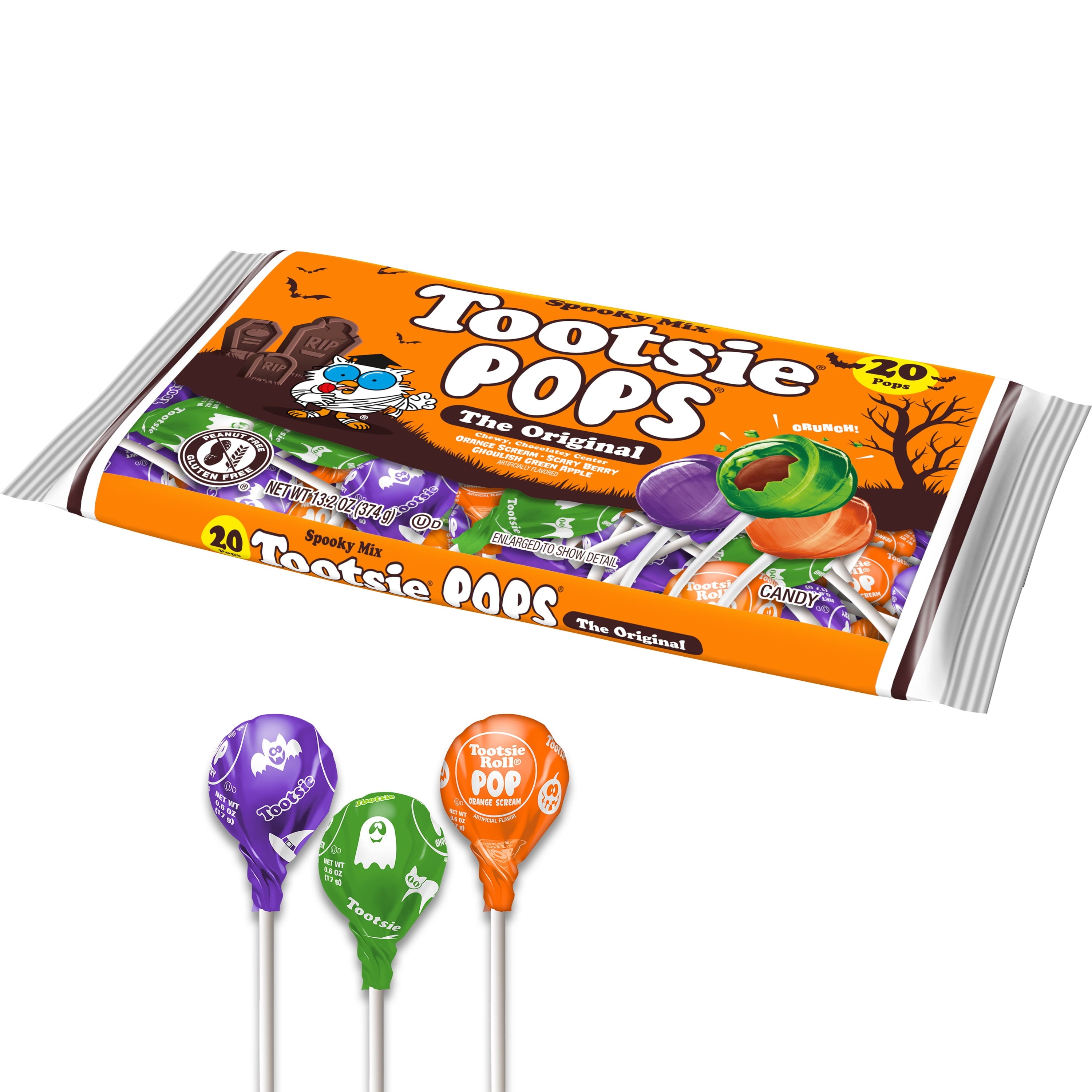 Tootsie Pops, Halloween Lollipops, Individually Wrapped, 13.2 oz. Peanut Free and Gluten Free. Contains Milk and Soy.