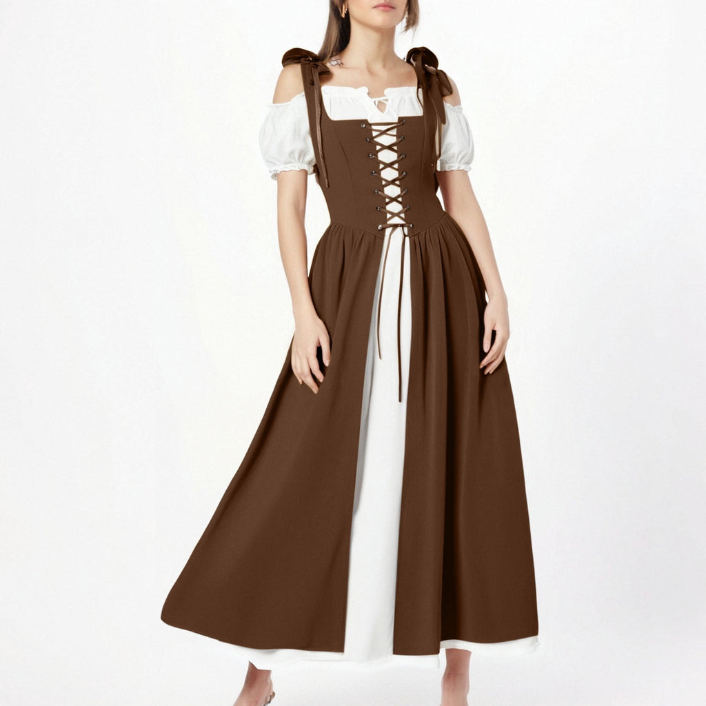 QATAINLAV Renaissance Costume Women Vintage Medieval Dress Cold Shoulder Short Sleeve Peasant Pirate Irish Maxi Dresses, Black, L