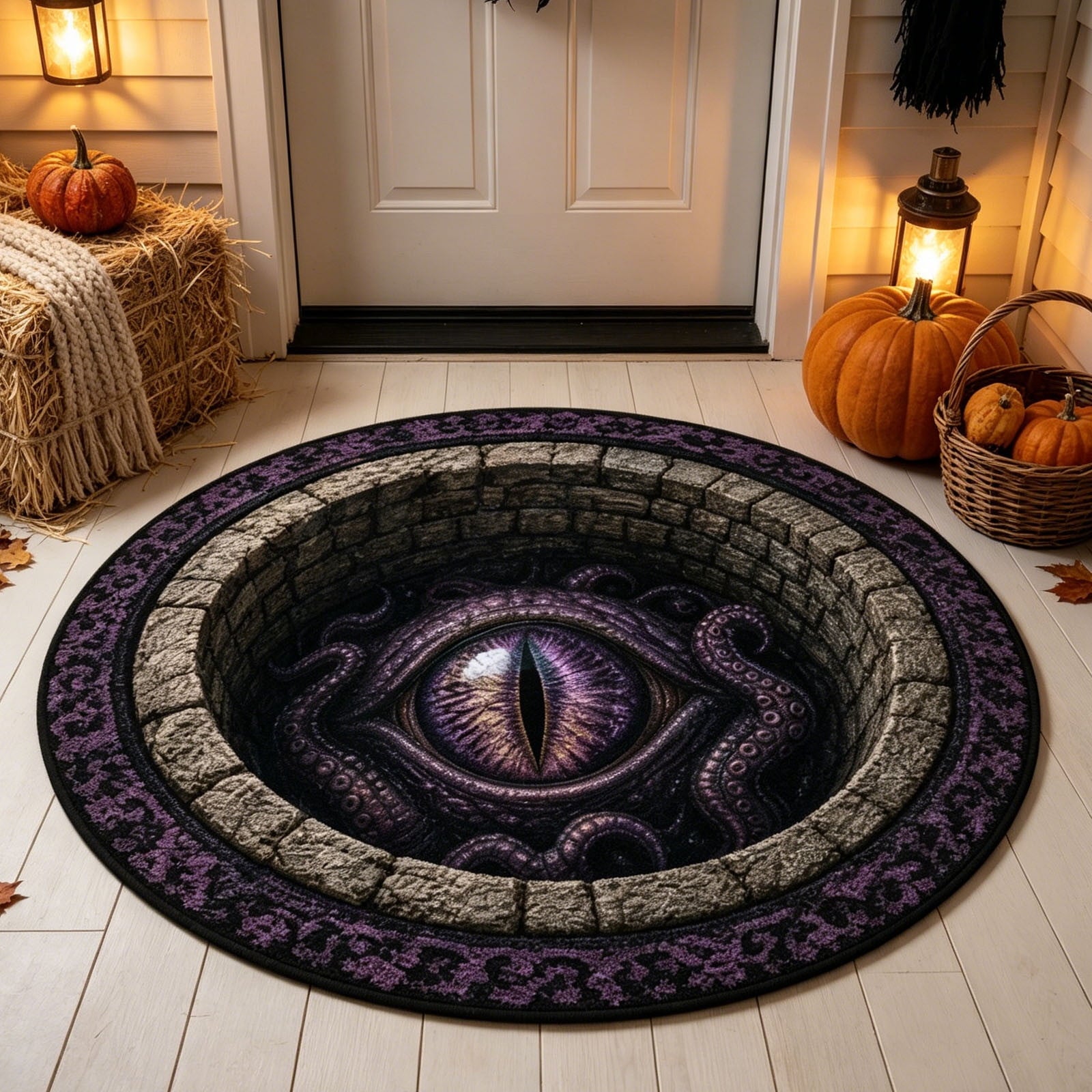 Halloween Round Rug Optical Ghost Pumpkin Mat 15.75in Diameter Polyester Skidproof & Soft for Entryway Bedroom Party by MPOISVA