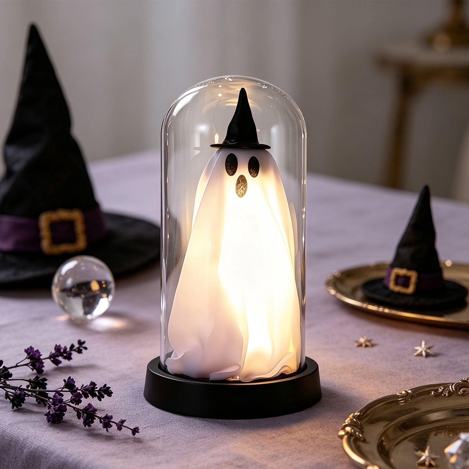 Darzheoy Halloween Decoration Ghost Cloche Lamp, with 3 Mini Figurines, Halloween Ghost Spooky, White Warm Glow, 1 Count