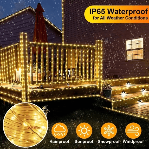 Solar Rope Lights Outdoor Waterproof 100LED Tube String Lights with USB Rechargeable Timer 8 Modes Dimmable Twinkle Fairy String Light for Trampoline Yard Pool Party Wedding Christmas